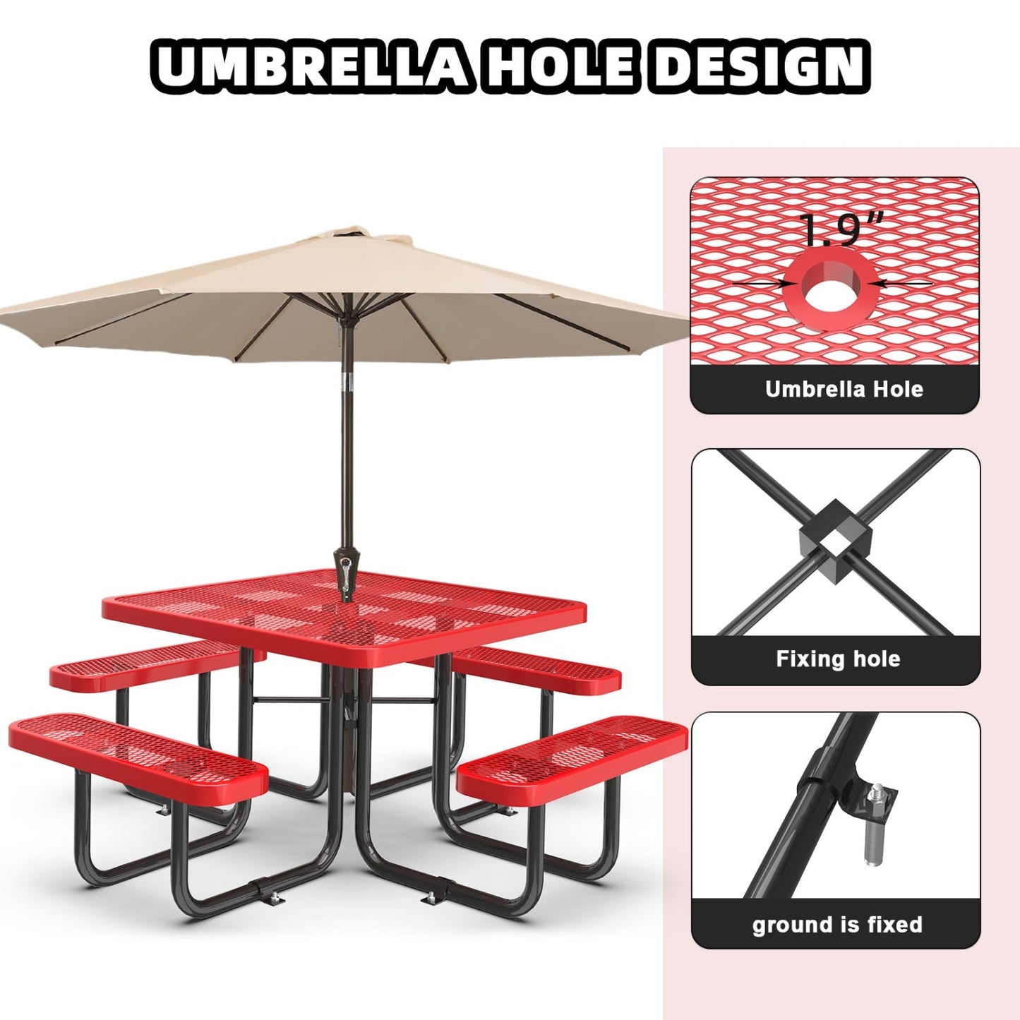 46" Square Picnic Table with Umbrella Hole