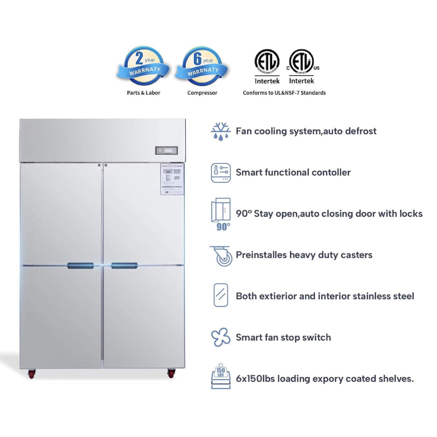 48-Inch Commercial 33 Cu.Ft Stainless Steel Reach-In Refrigerator with Four Split Doors