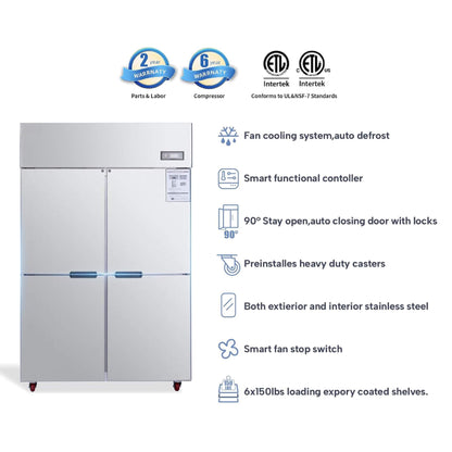 48-Inch Commercial 33 Cu.Ft Stainless Steel Reach-In Refrigerator with Four Split Doors