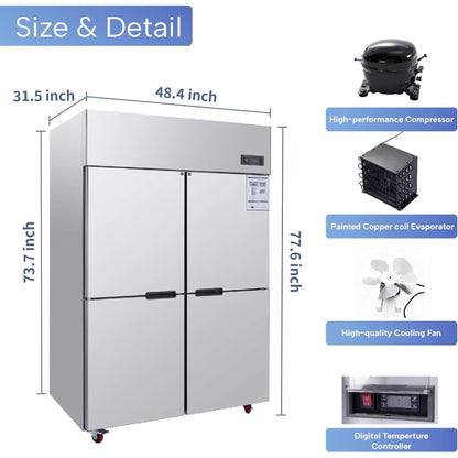 48-Inch Commercial 33 Cu.Ft Stainless Steel Reach-In Refrigerator with Four Split Doors