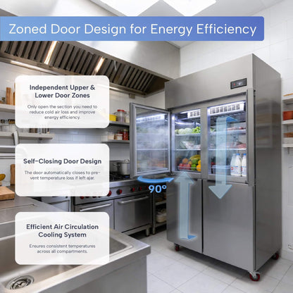 48-Inch Commercial 33 Cu.Ft Stainless Steel Reach-In Refrigerator with Four Split Doors