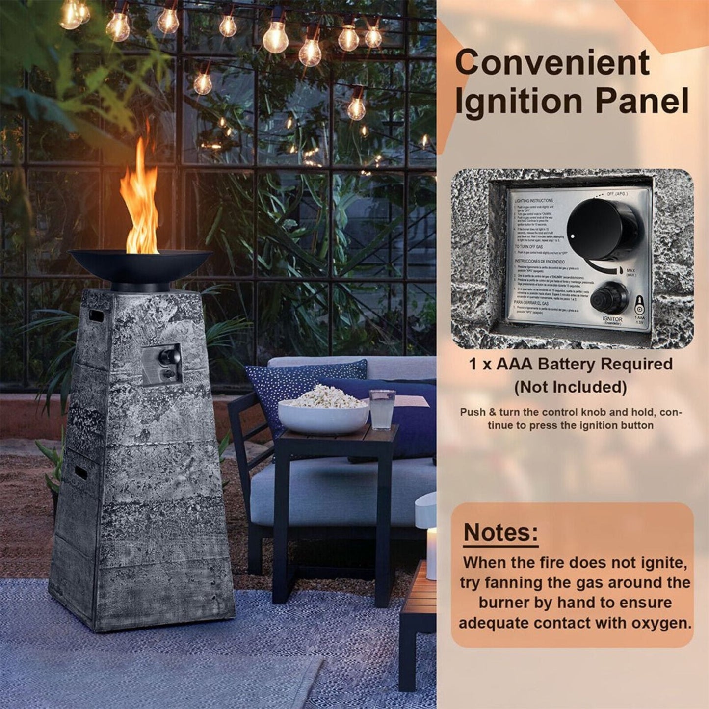 48-Inch Large Outdoor Propane Fire Bowl Tower Column with Cover & Lava Rocks