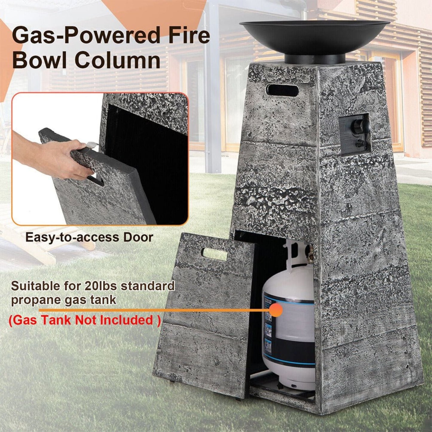 48-Inch Large Outdoor Propane Fire Bowl Tower Column with Cover & Lava Rocks