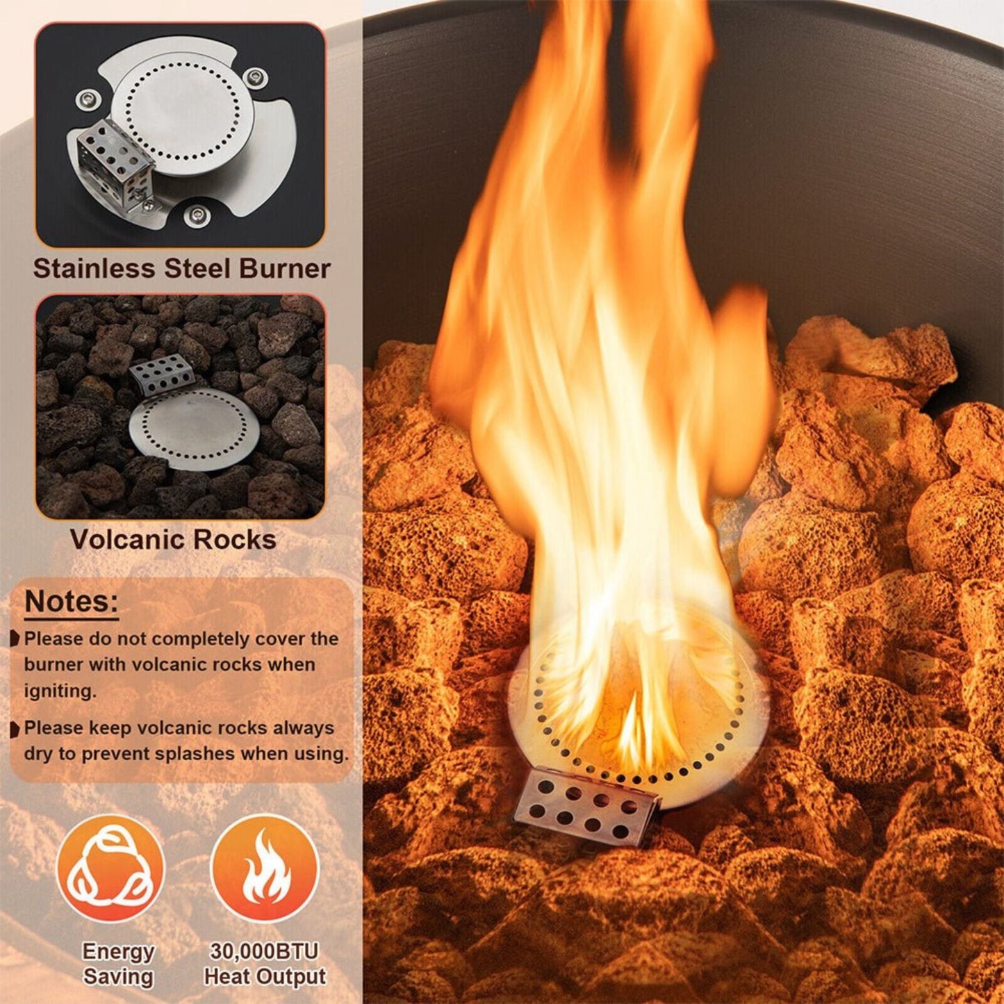 48-Inch Large Outdoor Propane Fire Bowl Tower Column with Cover & Lava Rocks
