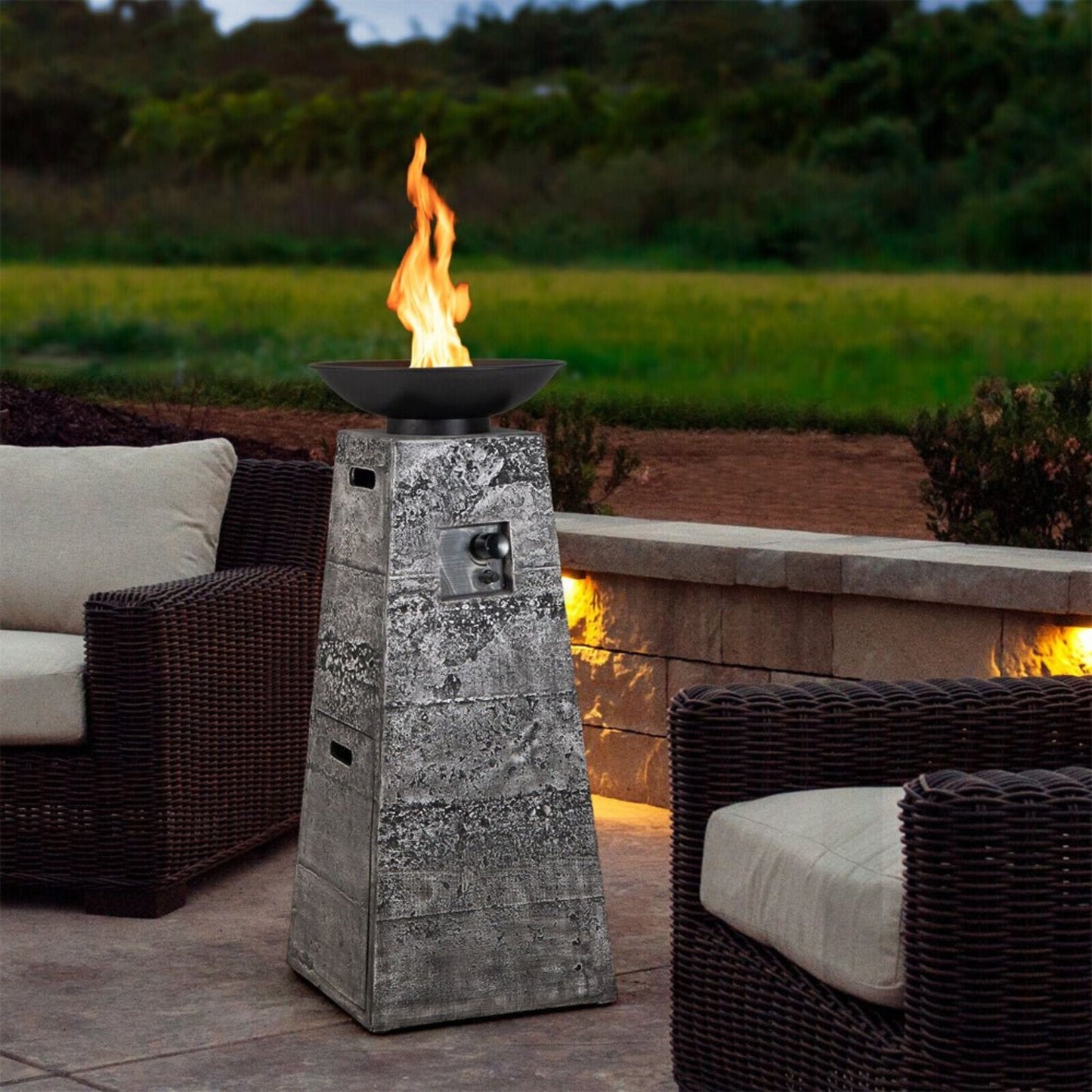 48-Inch Large Outdoor Propane Fire Bowl Tower Column with Cover & Lava Rocks