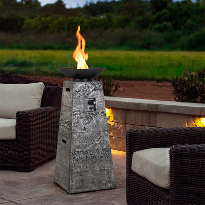 48-Inch Large Outdoor Propane Fire Bowl Tower Column with Cover & Lava Rocks