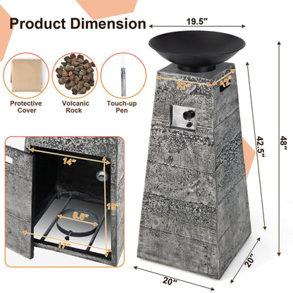 48-Inch Large Outdoor Propane Fire Bowl Tower Column with Cover & Lava Rocks