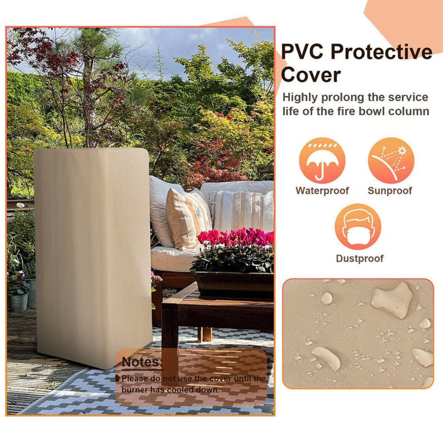 48-Inch Large Outdoor Propane Fire Bowl Tower Column with Cover & Lava Rocks