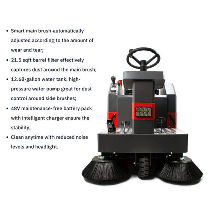 49-Inch Heavy-Duty 1400W Electric Industrial Ride-On Floor Sweeper with Dustbin & Water Tank