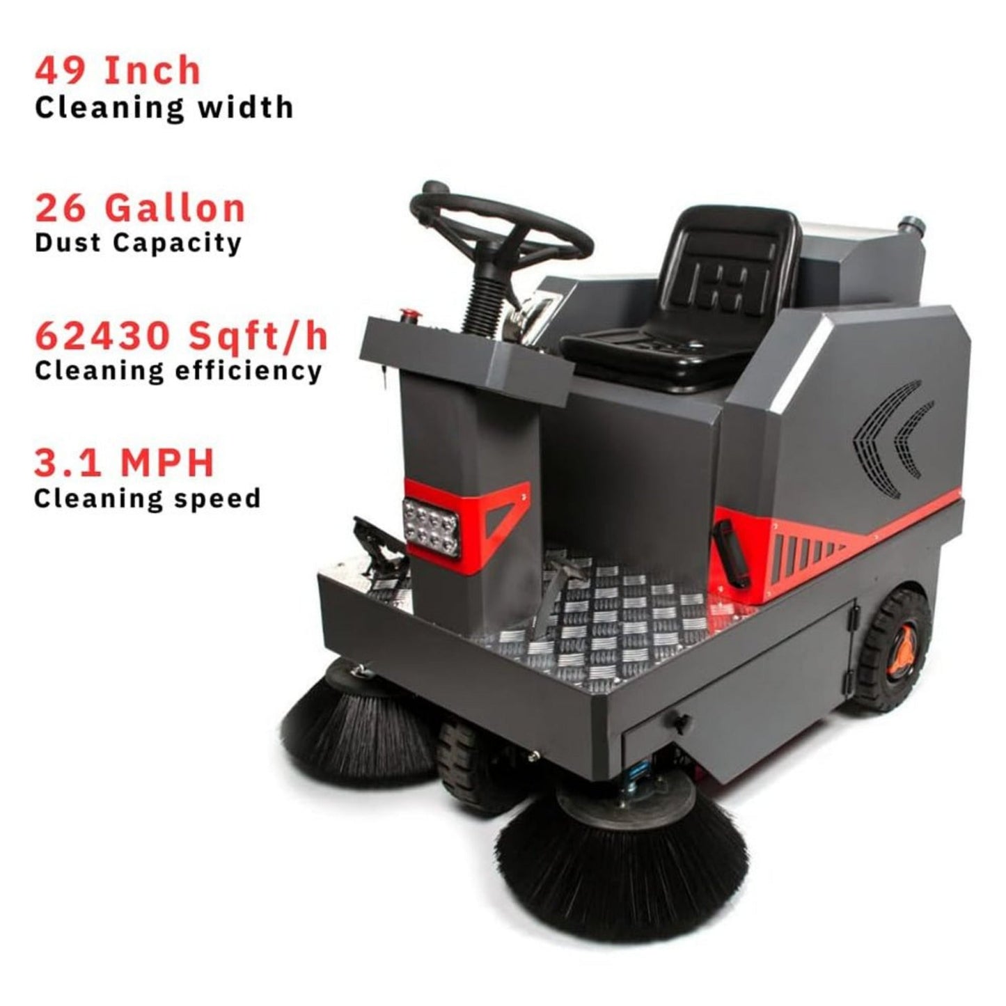 49-Inch Heavy-Duty 1400W Electric Industrial Ride-On Floor Sweeper with Dustbin & Water Tank