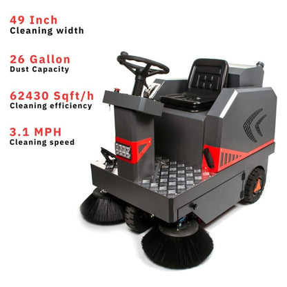 49-Inch Heavy-Duty 1400W Electric Industrial Ride-On Floor Sweeper with Dustbin & Water Tank