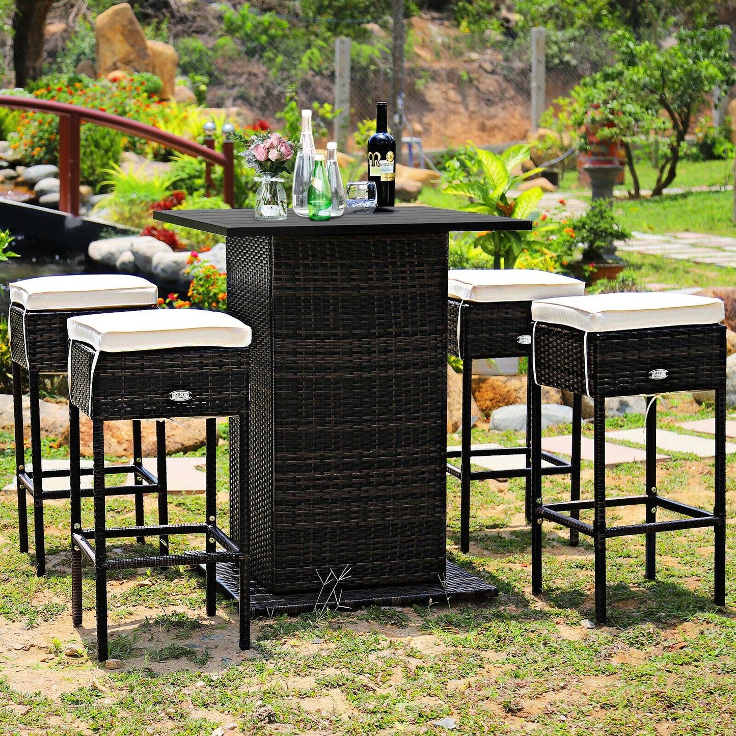 5 Pieces Patio Rattan Bar Table Stool Set Hidden Storage Shelf Cushioned