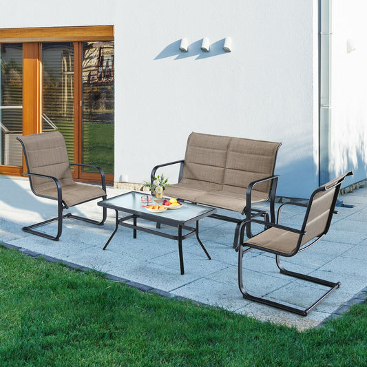 4 Pieces Outdoor Patio Furniture Set with Padded Glider Loveseat and Coffee Table - Brown
