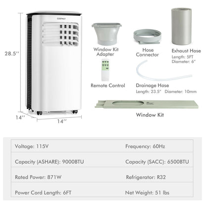 9000 BTU 3 in 1 Portable Air Conditioner with Fan and Dehumidifier