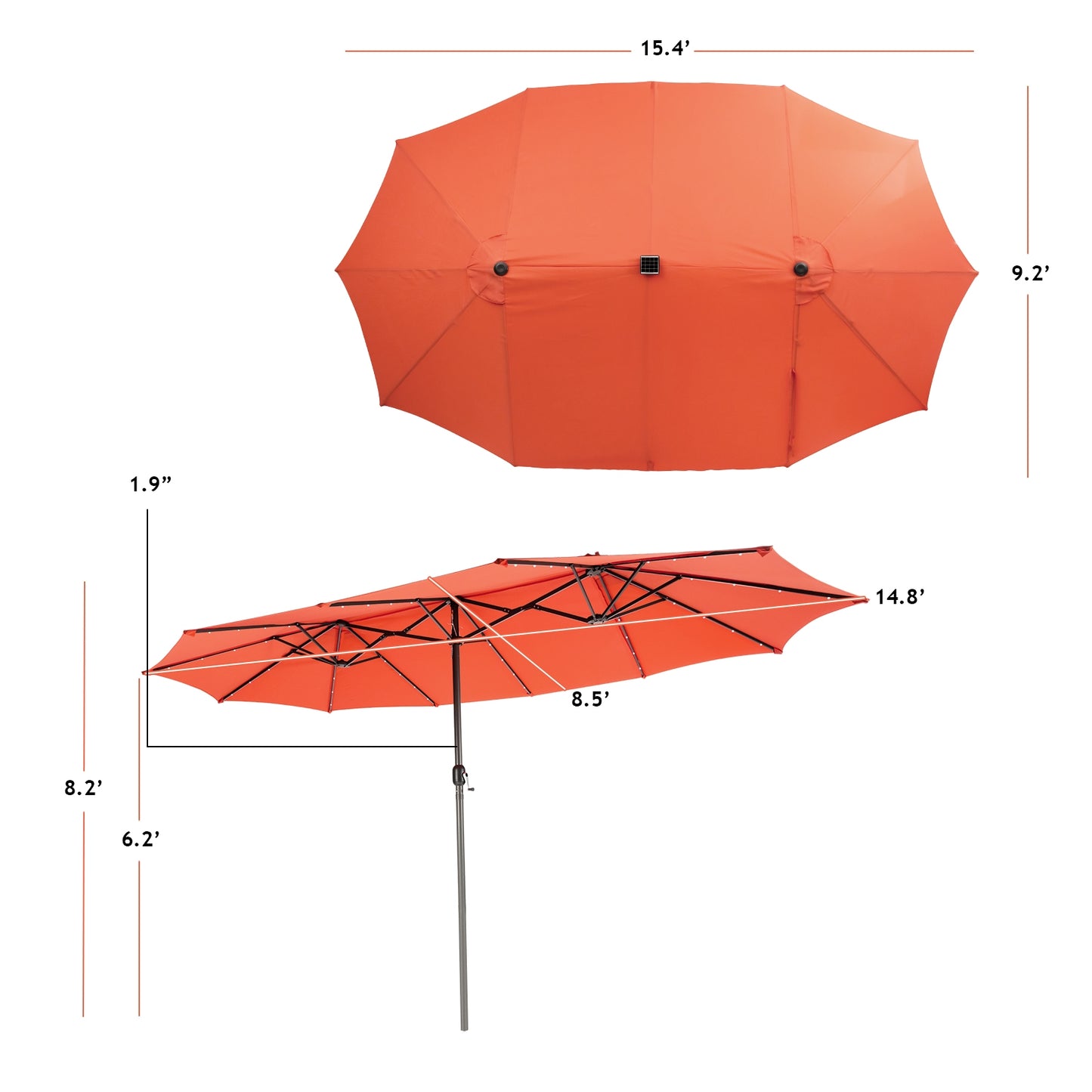 15 Feet Twin Patio Umbrella with 48 Solar LED Lights
