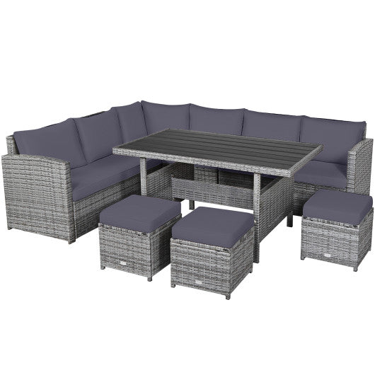 7 Pieces Patio Rattan Dining Furniture Sectional Sofa Set with Wicker Ottoman - Gray