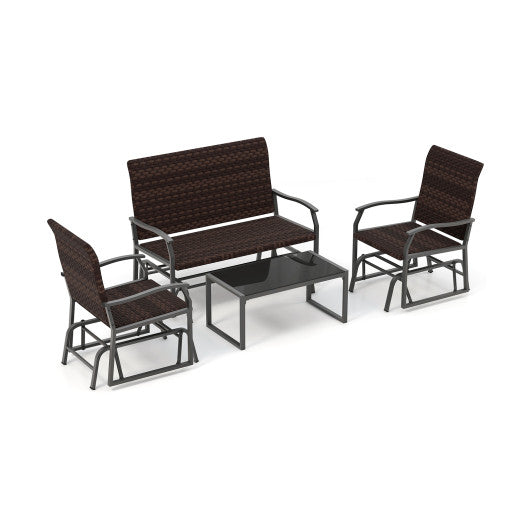 4 Piece Patio Gliding Set Wicker Swing Glider Furniture Set All Weather witrh Tempered Glass Coffee Table - Brown
