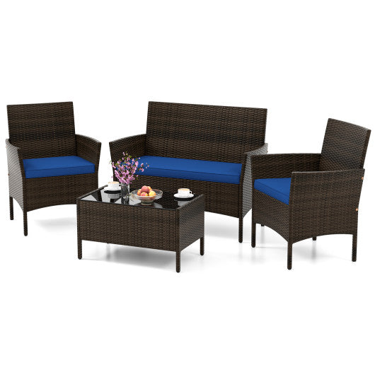 4 Piece Patio Rattan Conversation Set with Cozy Seat Cushions - Navy