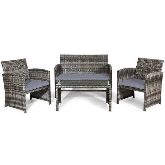 4 Pieces Patio Rattan Furniture Set with Glass Table and Loveseat - Gray