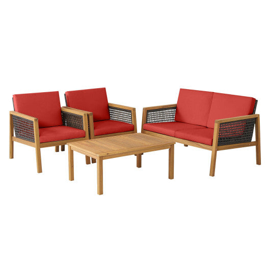 4 Pieces Patio Rattan Furniture Set with Removable Cushions - Red