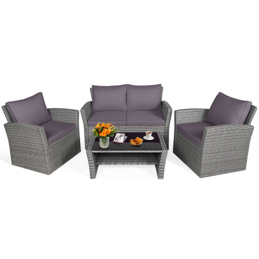 4 Pieces Patio Rattan Furniture Set Sofa Table with Storage Shelf Cushion - Gray