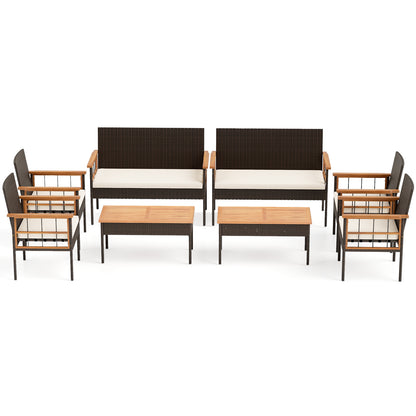 4 Pieces Wicker Furniture Set with Acacia Wood Tabletop and Armrests for Porch-White