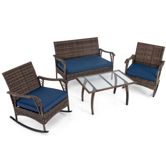 4 Pieces Wicker Rocking Set with Bungee Rope Seat for Porch Yard - Navy