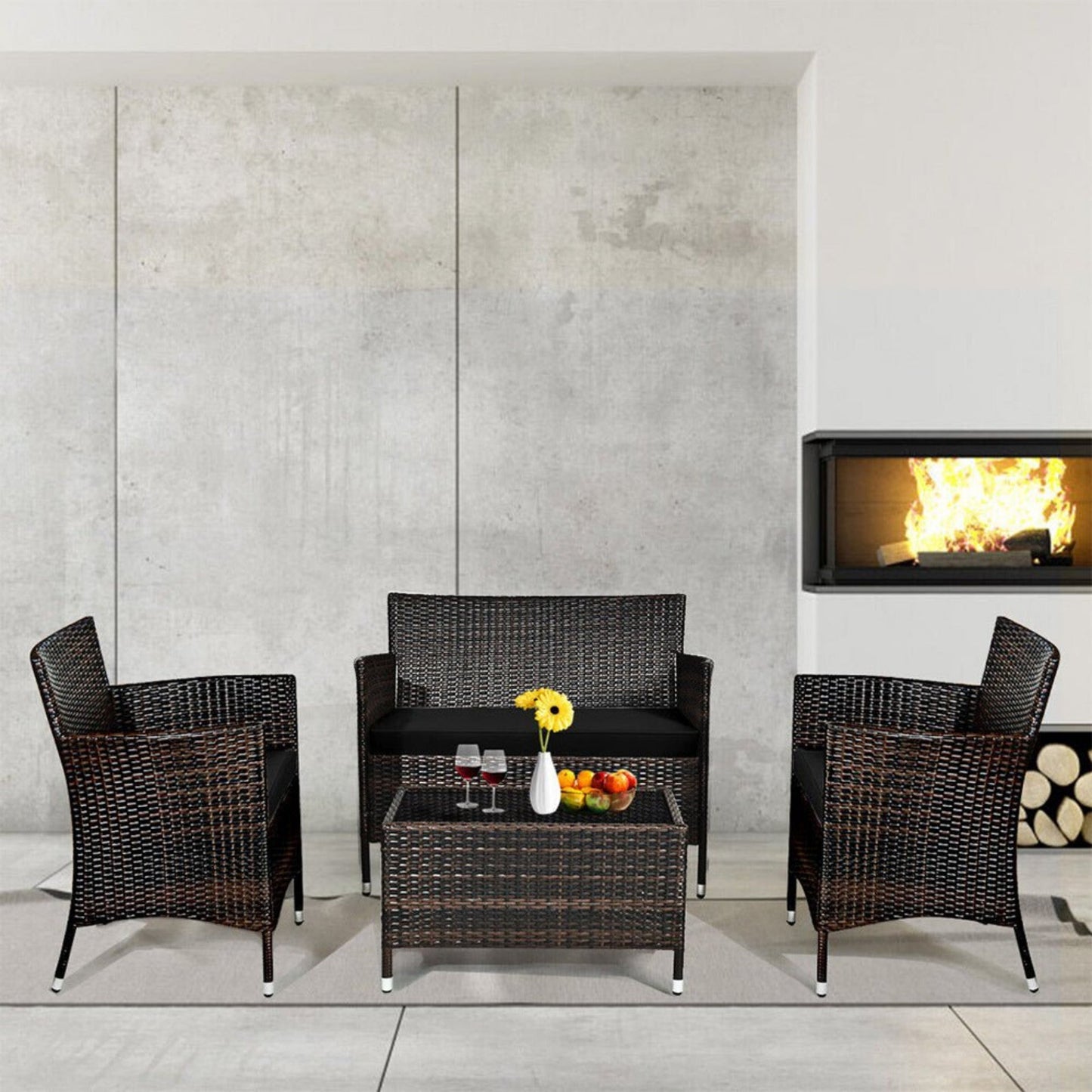 Alora 4-Piece Outdoor Rattan Patio Furniture Set With Cushions & Coffee Table