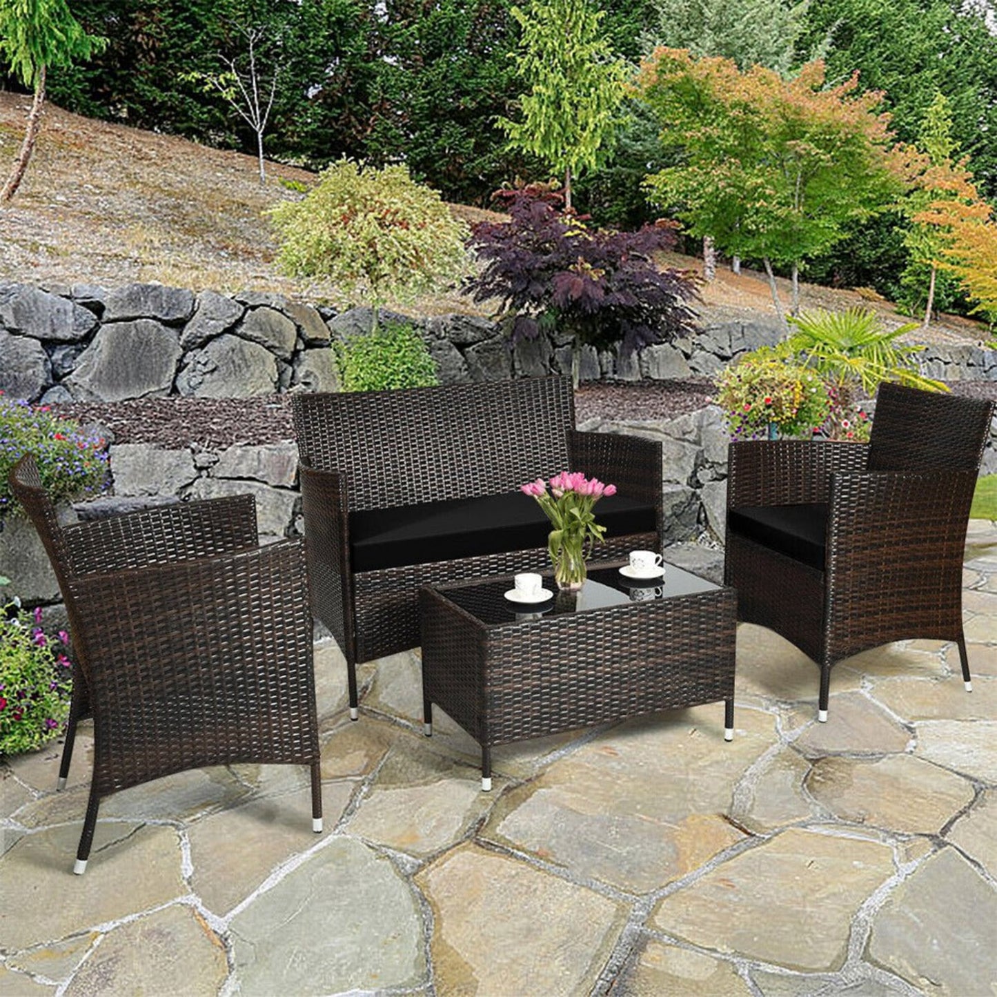 Alora 4-Piece Outdoor Rattan Patio Furniture Set With Cushions & Coffee Table
