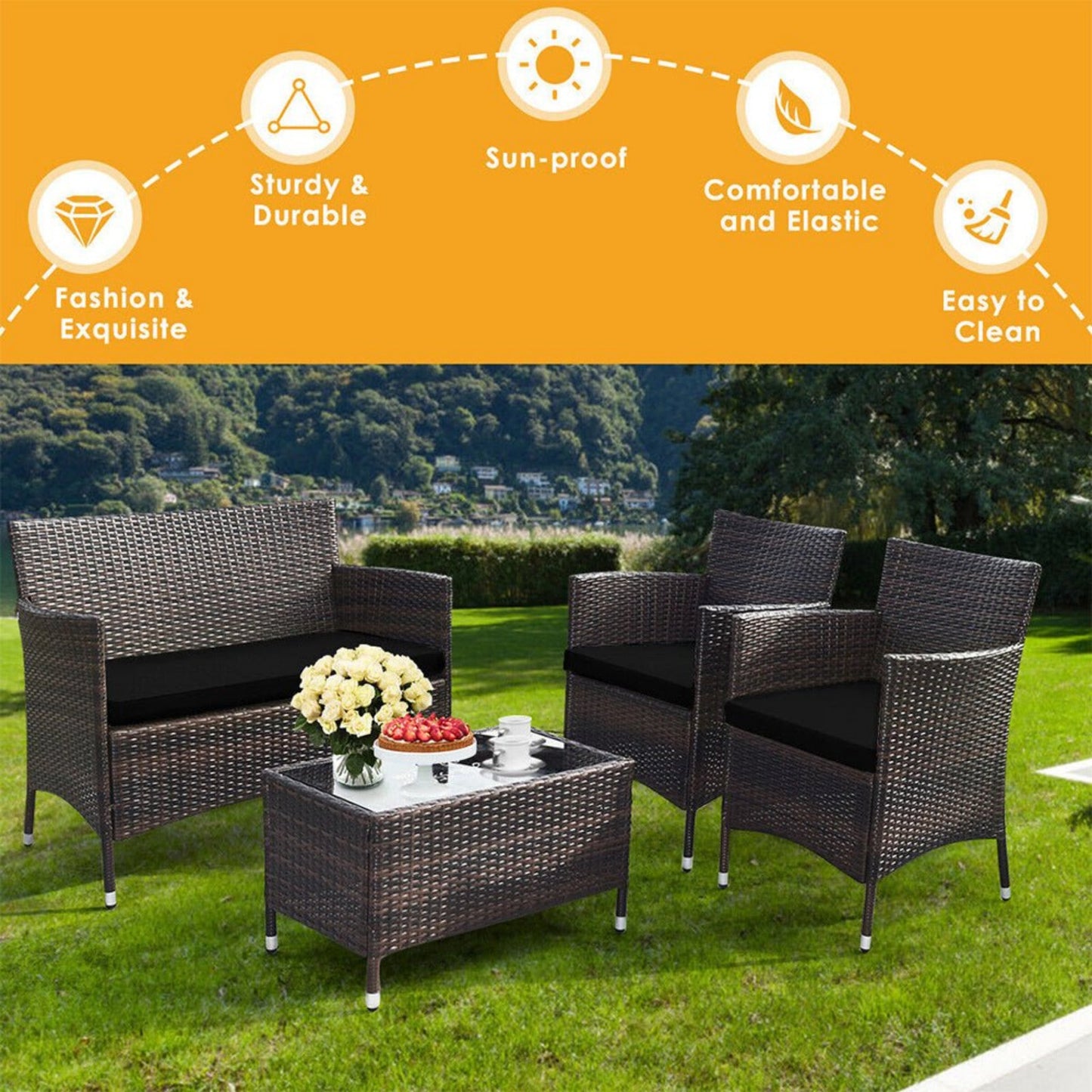 Alora 4-Piece Outdoor Rattan Patio Furniture Set With Cushions & Coffee Table