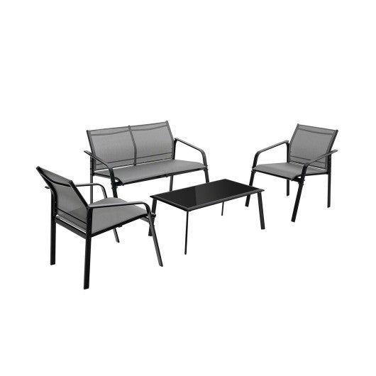 4 Pieces Patio Furniture Set with Armrest Loveseat Sofas and Glass Table Deck - Gray