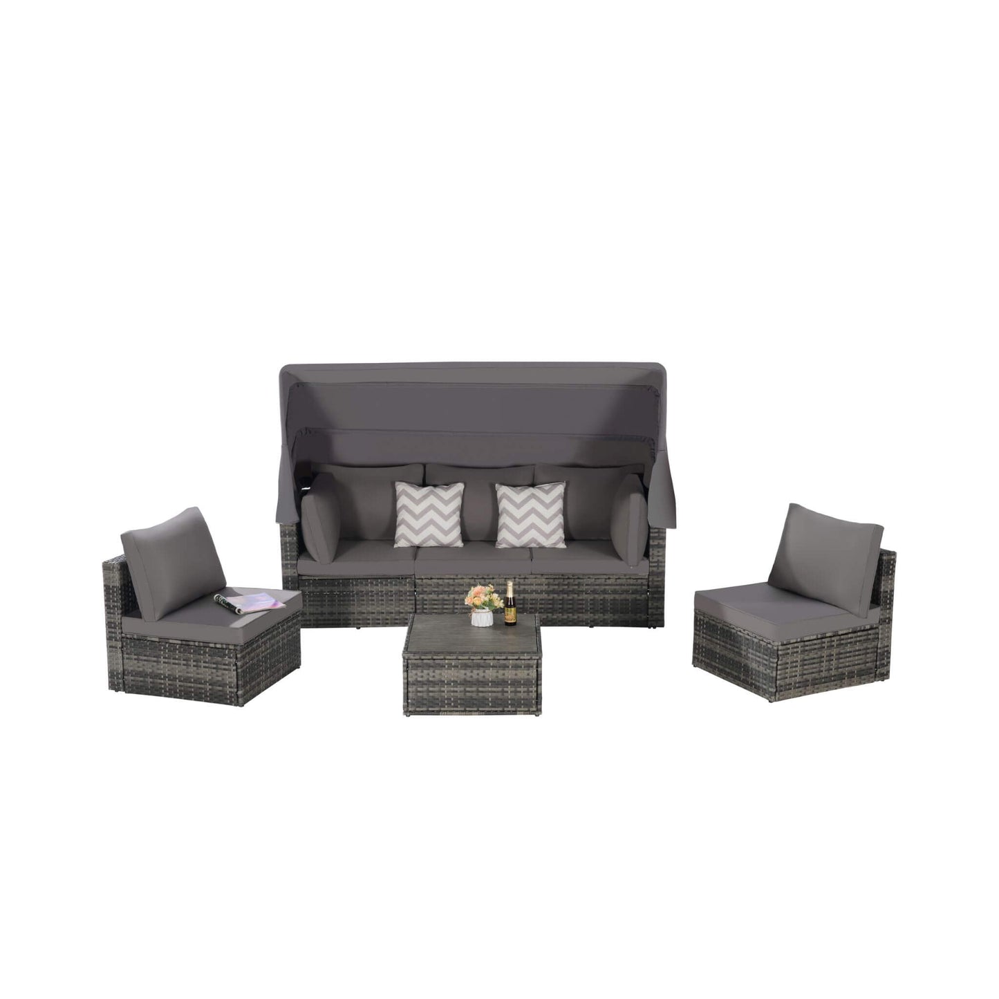 Alora 5-Piece Outdoor Patio Wicker Daybed Furniture Set With Retractable Canopy