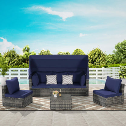 Alora 5-Piece Outdoor Patio Wicker Daybed Furniture Set With Retractable Canopy