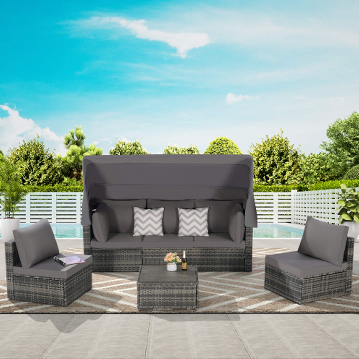 Alora 5-Piece Outdoor Patio Wicker Daybed Furniture Set With Retractable Canopy