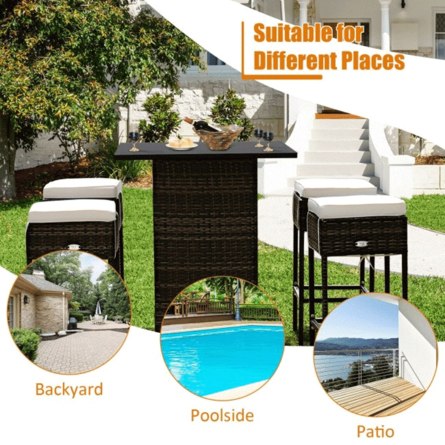 5 PCS Patio Rattan Bar Table Stool Set With Hidden Storage Shelf & Cushions