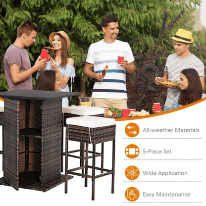 5 PCS Patio Rattan Bar Table Stool Set With Hidden Storage Shelf & Cushions