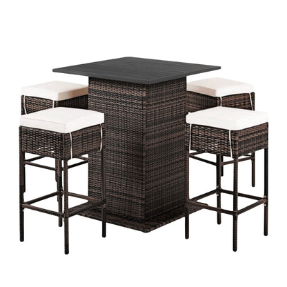 5 PCS Patio Rattan Bar Table Stool Set With Hidden Storage Shelf & Cushions