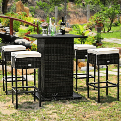 5 PCS Patio Rattan Bar Table Stool Set With Hidden Storage Shelf & Cushions