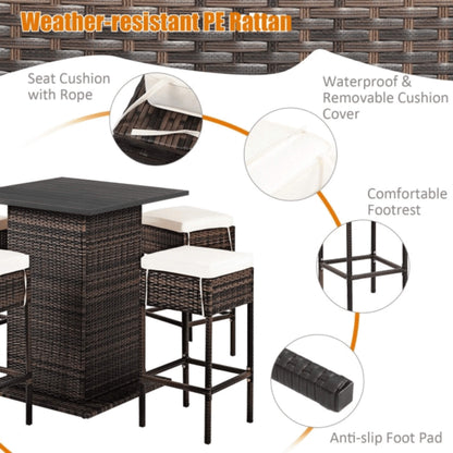 5 PCS Patio Rattan Bar Table Stool Set With Hidden Storage Shelf & Cushions