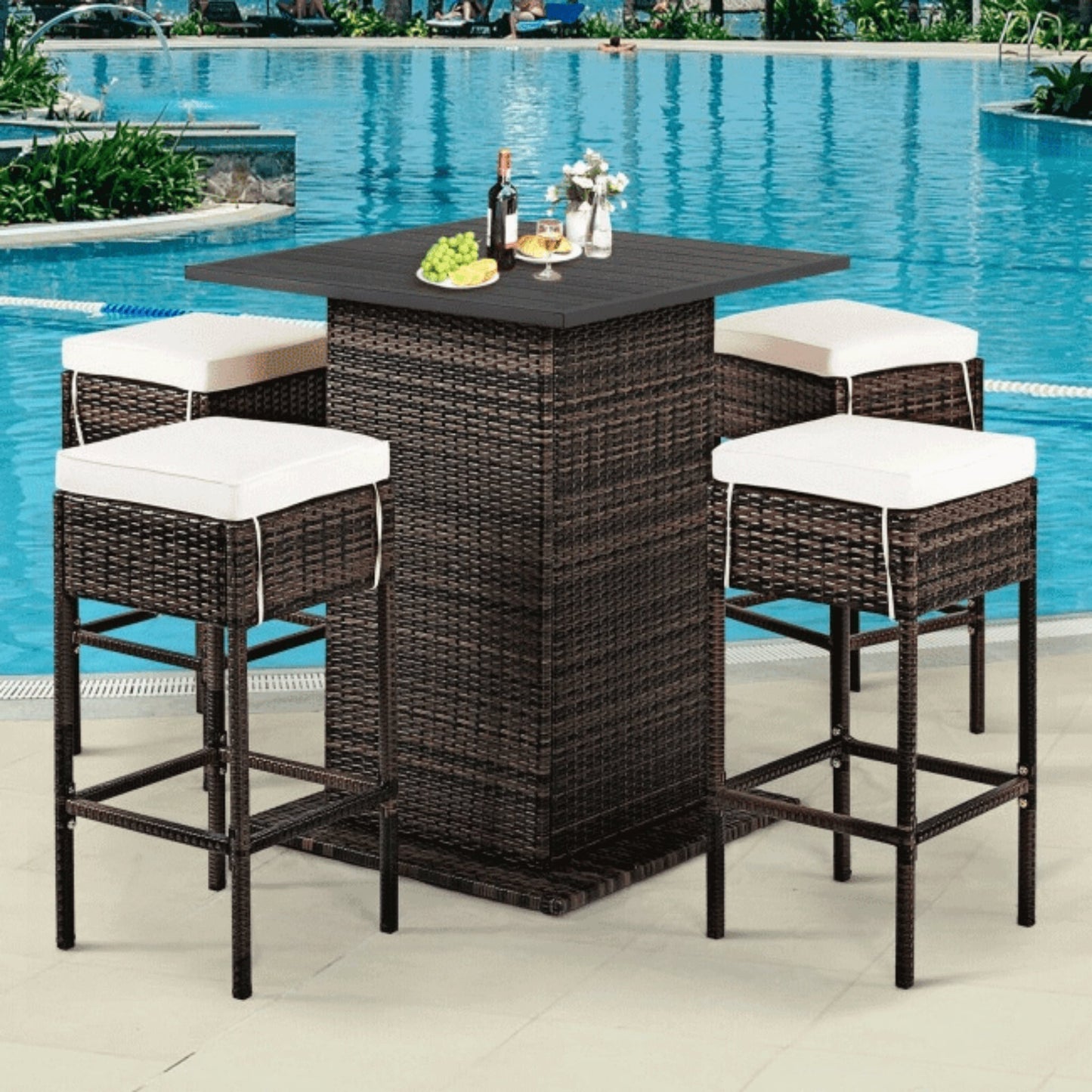 5 PCS Patio Rattan Bar Table Stool Set With Hidden Storage Shelf & Cushions