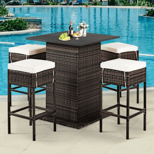 5 PCS Patio Rattan Bar Table Stool Set With Hidden Storage Shelf & Cushions
