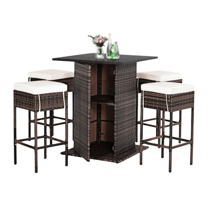 5 PCS Patio Rattan Bar Table Stool Set With Hidden Storage Shelf & Cushions