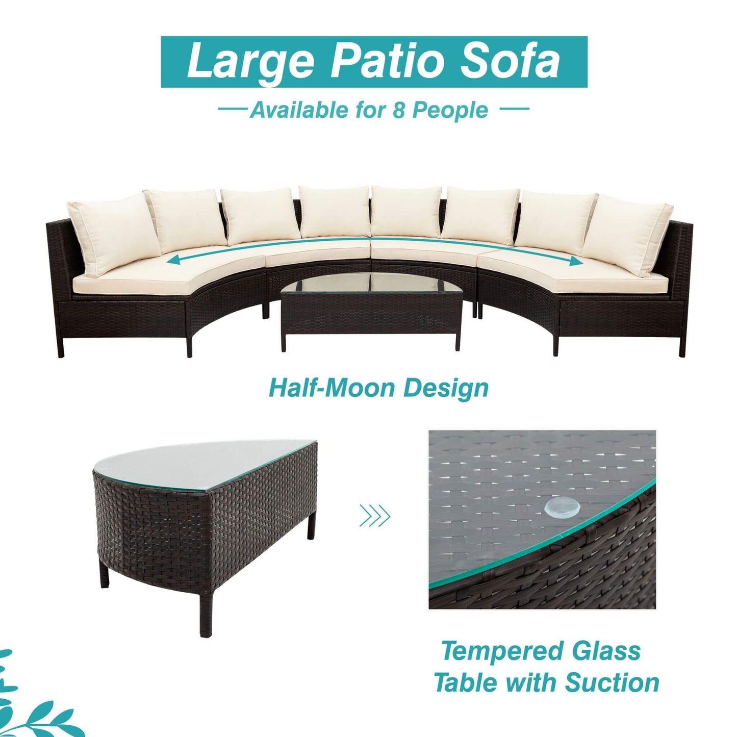 Alora Premium 5-Piece All-Weather Half-Moon Outdoor Rattan Wicker Patio Sectional Sofa Furniture Set With Tempered Glass Table