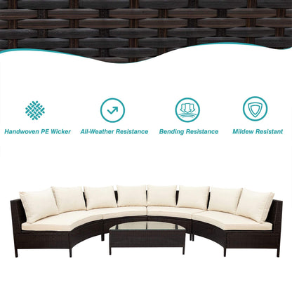 Alora Premium 5-Piece All-Weather Half-Moon Outdoor Rattan Wicker Patio Sectional Sofa Furniture Set With Tempered Glass Table