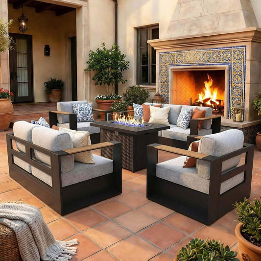 5-Piece Aluminum Patio Furniture Set with 55K BTU Fire Pit Table