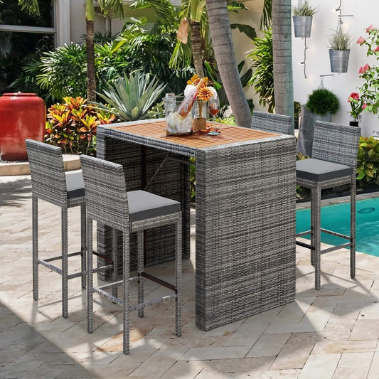 Alora 5-Piece Wicker Patio Bar Set with Cushions & Acacia Table