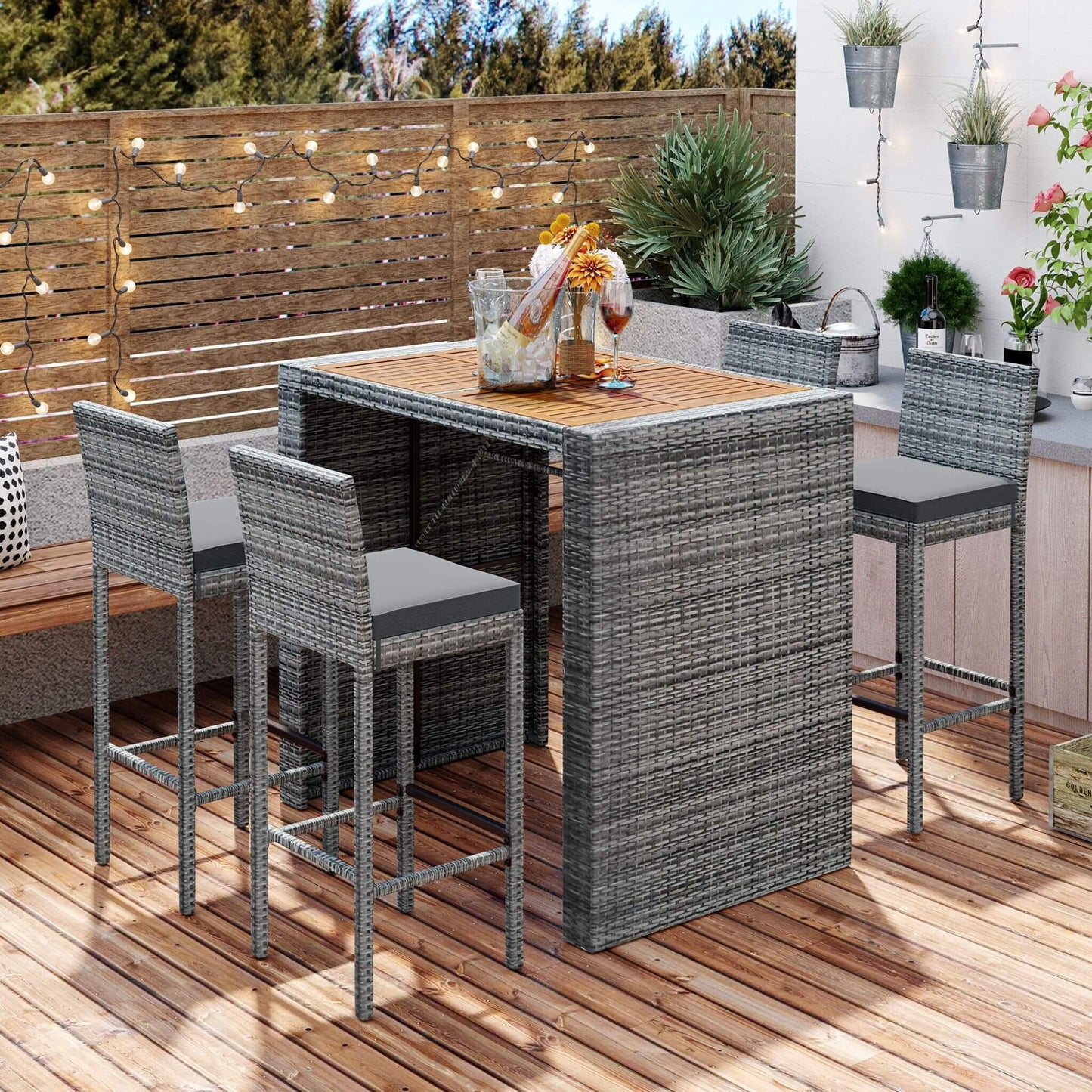 Alora 5-Piece Wicker Patio Bar Set with Cushions & Acacia Table