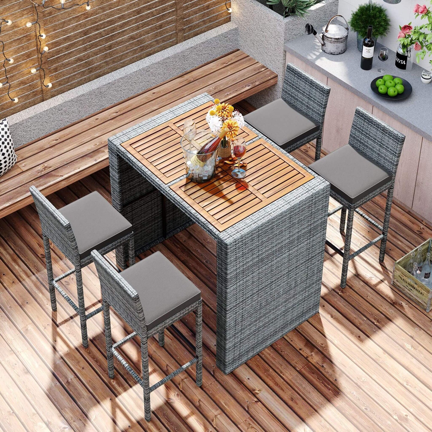 Alora 5-Piece Wicker Patio Bar Set with Cushions & Acacia Table