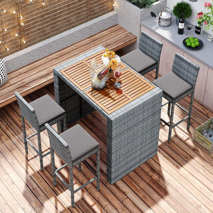 Alora 5-Piece Wicker Patio Bar Set with Cushions & Acacia Table