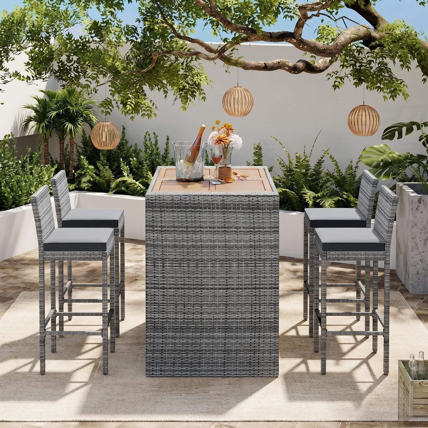 Alora 5-Piece Wicker Patio Bar Set with Cushions & Acacia Table